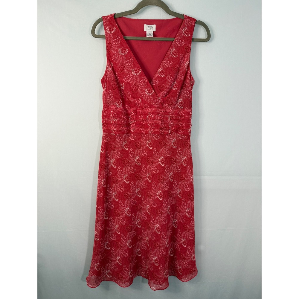 Ann Taylor LOFT Dress‎ Womens 6 Red White Botanical V-Neck Pleated Empire Waist